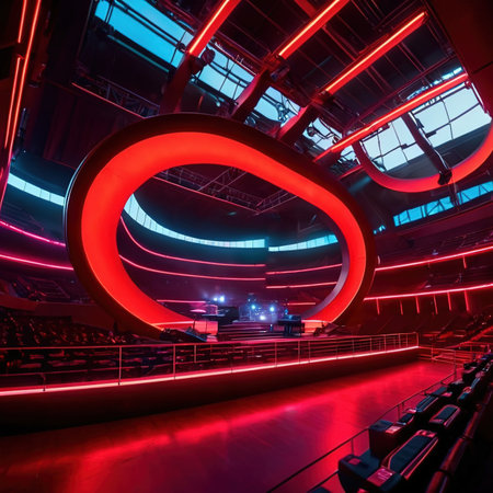 Modern futuristic stage arena for music and theater, with bright neon lightsの素材