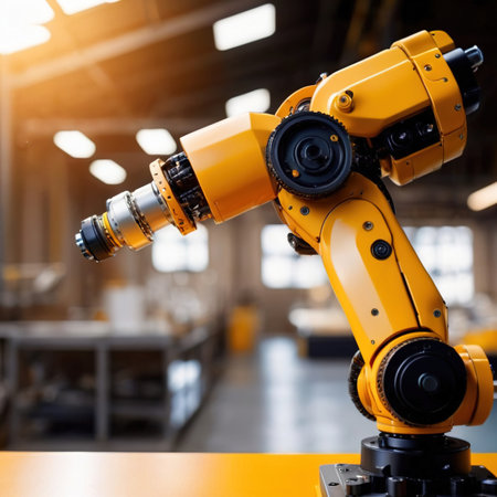 Industrial robotic arm for automated manufacturing in a moden high tech futuristic factoryの素材