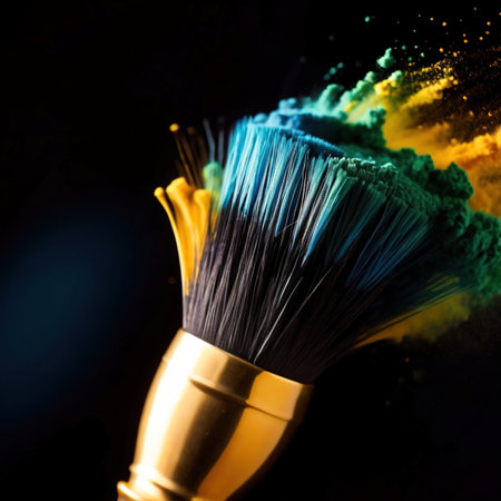 Foto de Makeup brush with a burst of colorful powder, aesthetic and cosmetic skincare - Imagen libre de derechos