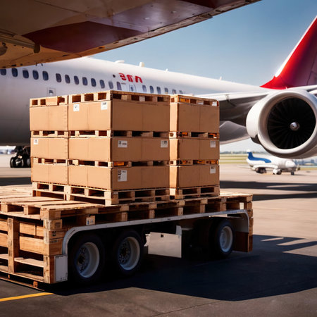 Air freight with cargo containers and boxes next to airplane in airportの素材