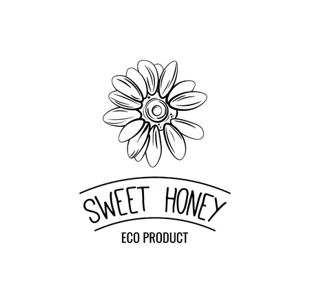 Bee on flower. Sweet honey label, logo, badge. Eco product. Vintage vector illustration. Isolated On White Backgroundのイラスト素材