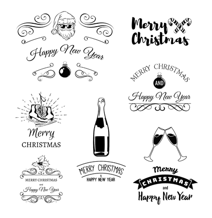 Vintage xmas. Merry Christmas and Happy New Year. Greeting Card Set. Glass Champagne. Cool Santa Claus. Snowman. Clink Glasses. Bottle Champagne. Element Vector Illustration. Vintage christmas labelのイラスト素材