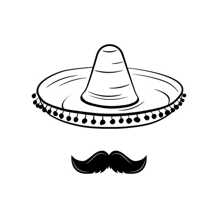 Sombrero and Mustache. Mexico Hat. Traditional Mexican Clothing. An Isolated Object. Vector Illustrationのイラスト素材