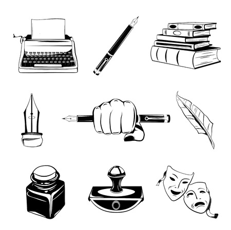 Writer design elements. isolated objects. vintage pen. ink, books vector illustrationのイラスト素材