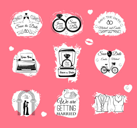 Wedding Invitations badges And Icons - Set - Isolated On Pink Background. Vector Illustration, Graphic Designのイラスト素材