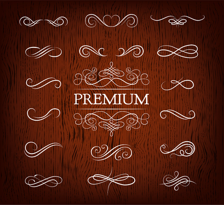 Calligraphic vector design elements on a wood texture backgroundのイラスト素材
