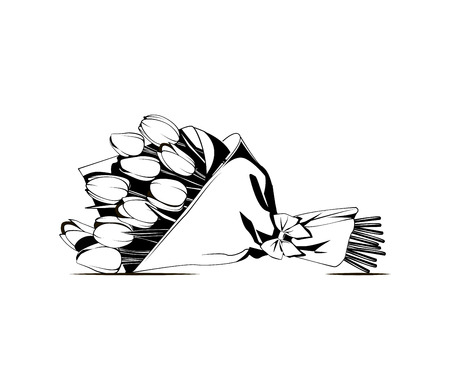 vector monochrome contour illustration of flower bouquetのイラスト素材
