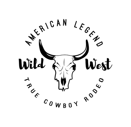 Vector black and white Cow Skull Design Element. Skeleton Bull Head Logo, Label or Badge for rodeoのイラスト素材