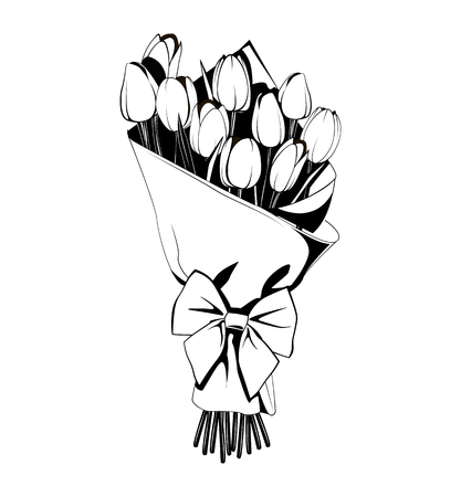 Monochrome contour illustration of flower bouquet.のイラスト素材