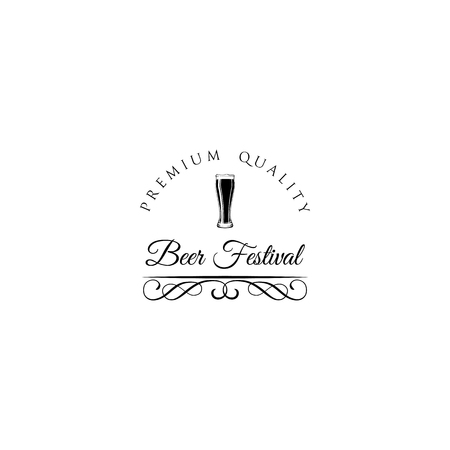 Hand drawn beer emblem with glass full of craft beer, lager, ale,   Vector image. Logo for festival, pub and bar. Swirls, ornate frames.のイラスト素材