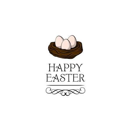 Hand drawn vector illustration. Happy Easter Spring nest with bird eggs. Perfect for invitations, greeting cards, blogs, posters and more. Vector illustration.のイラスト素材