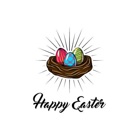 Easter eggs in nest basket with lettering Happy Easter im beams. Colorful vector illustration isolated on white background.のイラスト素材