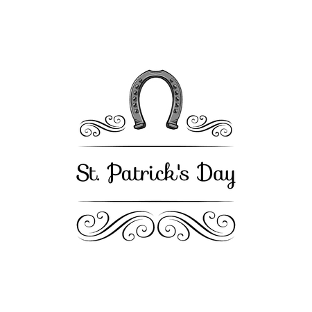 Horseshoe with swirls and ornate frames. Lucky symbol. Vector illustration isolated on white background.のイラスト素材