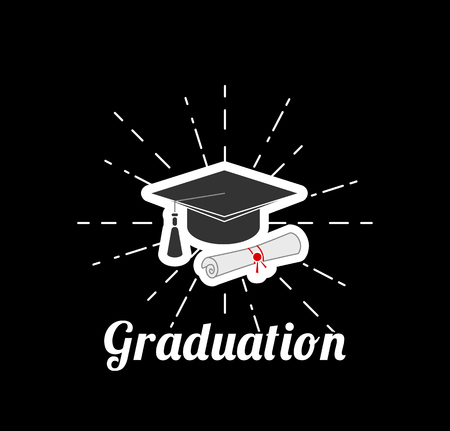 Black graduation cap with degree. Graduation lettering. Vector illustration, isolated on black background.のイラスト素材