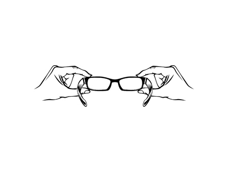 Hand holding eyeglasses. Optics icon vector illustration, isolated on white background.のイラスト素材