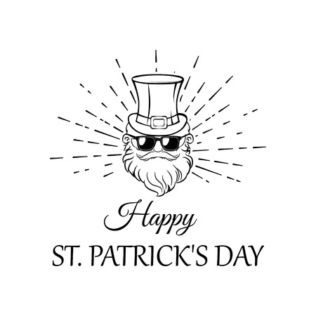 Illustration of Leprechaun in hat and sunglasses in beams. Happy Patrick's day lettering. Greeting card. Vector file.のイラスト素材