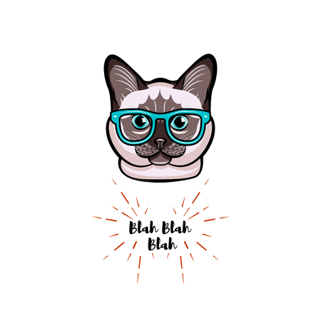 Siamese cat in smart glasses. Cat geek. Vector illustration isolated on white background.のイラスト素材