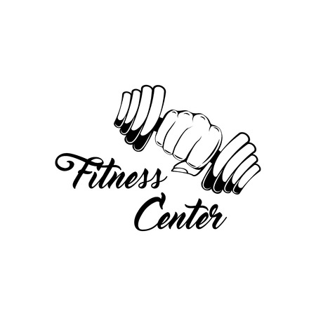Dumbbell weight. Hand lifted dumbbell. Fitness center logo label. Vector illustration isolated on white background.のイラスト素材