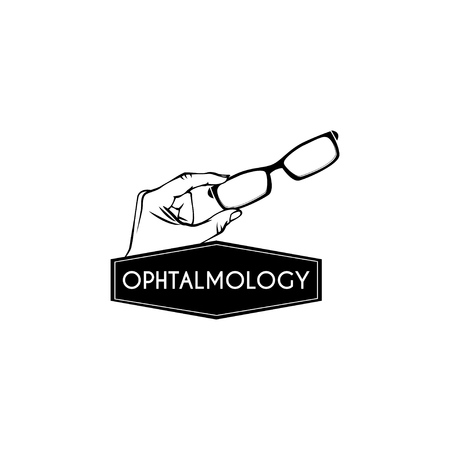 Hand holding eyeglasses, ophthalmology inscription logo concept design.のイラスト素材