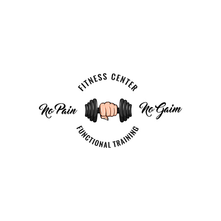 Dumbbell icon, Hand. Fitness center logo emblem label. Training badge. N pain no gain text. Vector.のイラスト素材