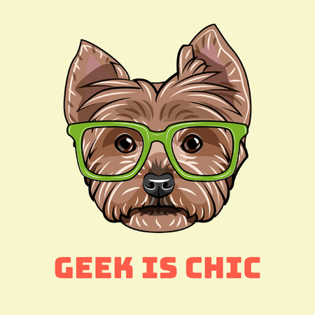 Yorkshire terrier Geek. Smart glasses. Geek is chic. Dog nerd. Vector illustrationのイラスト素材