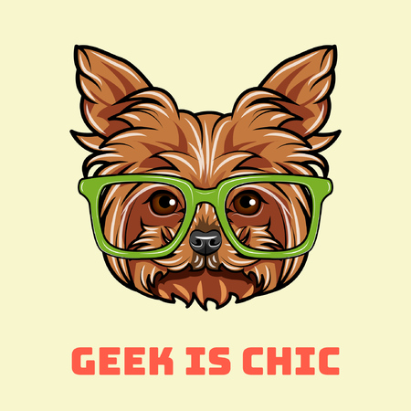 Yorkshire Terrier geek. Smart glasses. Dog nerd. Geek is chic text. Vector illustration.のイラスト素材