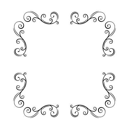 Border, corners, vignettes vintage elements set. Swirls, decorative filigree pattern. Ornamental scroll frame. Page decorations, Wedding invitation, Greeting card design. Vector illustration.のイラスト素材