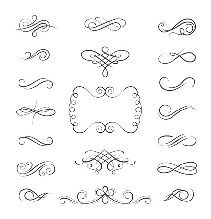 Decorative swirls set. Flourish scroll, Calligraphic curls. Ornate filigree frame. Page decoration collection, Book decor. Page divider, border. Wedding invitation, Greeting card. Vector illustration.