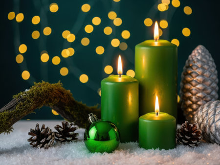 Festive green candles and pine cones on snowy backgroundの素材