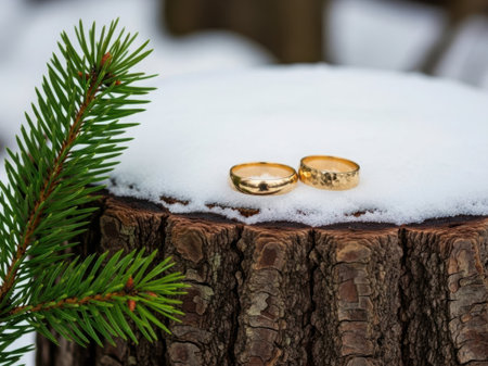 Golden wedding rings resting on snow-covered wooden stumpの素材