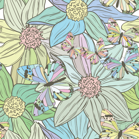 Flower seamless pattern with butterfliesのイラスト素材