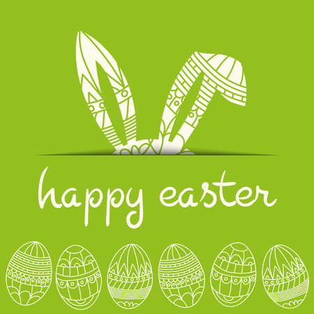 Happy Easter green invitation with eggs and rabbit and inscription happy easter Vectorのイラスト素材