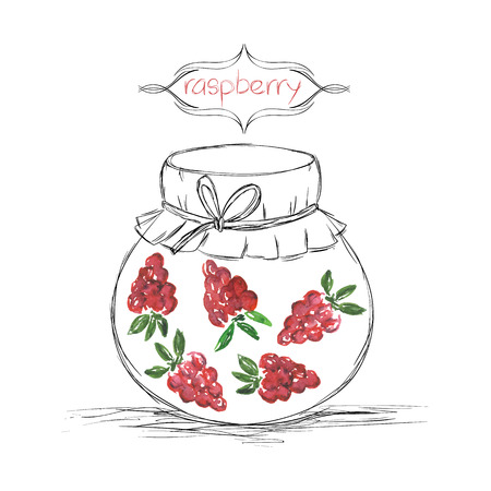 Hand drawn pencil jars tied ribbon with home-made jams of watercolor raspberry on white paper and inscription raspberry in the curly frame Vector illustrationのイラスト素材