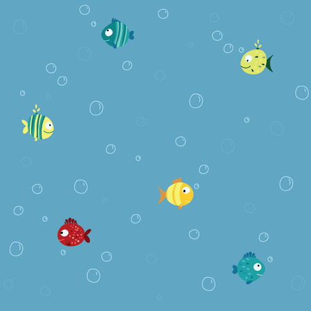 Seamless children pattern with variety blue, yellow, red fish with  circle, drops and stripes on a blue background with bubbles Vector illustrationのイラスト素材