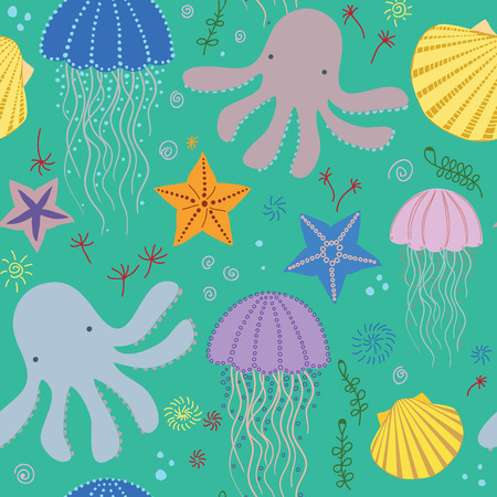 Sea seamless pattern with octopus, shells, starfish, plants Vector のイラスト素材
