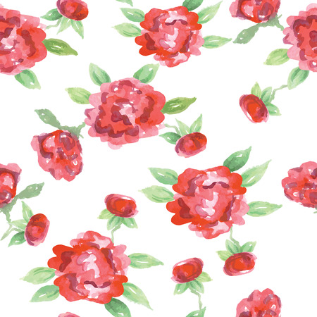 Vector seamless pattern with watercolor red and pink flowers, design for textile, paper, background. invitation, wedding or greeting cards Vector illustrationのイラスト素材