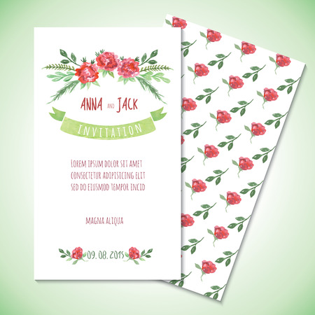 Watercolor card templates for wedding invitation, save the date cards, mothers day, valentines day, birthday cards with flowers and ribbon and inscription Vector illustration のイラスト素材
