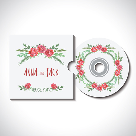 Compact cd dvd disk with cover, identity template with watercolor pink, red, green flowers for wedding, save the date, mothers day, valentines day, birthday white background Vector illustration のイラスト素材