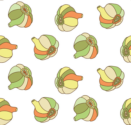 Seamless pattern with colorful green, orange, yellow garlics Vector illustrationのイラスト素材