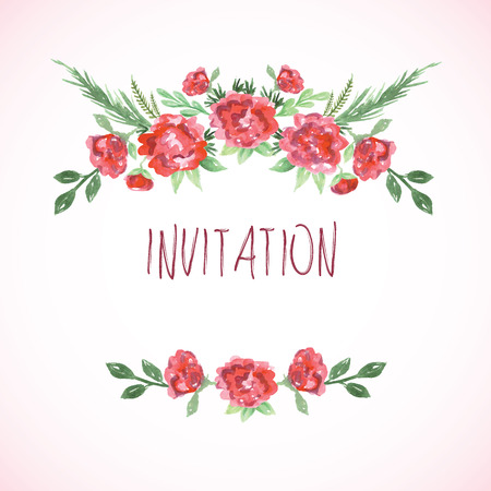 Watercolor pink red and green card templates for wedding invitation save the date cards mothers day valentines day birthday cards with flowers and inscription Vector illustrationのイラスト素材
