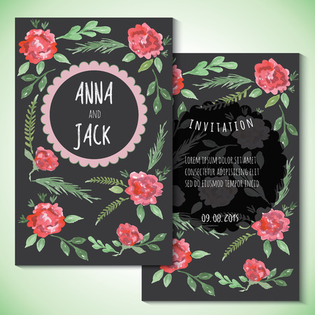 Watercolor card templates for wedding invitation, save the date cards, mothers day, valentines day, birthday cards with flowers  and circle inscription Vector illustration のイラスト素材