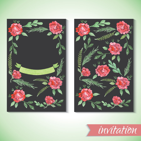 Watercolor card templates for wedding invitation, save the date cards, mothers day, valentines day, birthday cards with flowers  and circle inscription Vector illustrationのイラスト素材