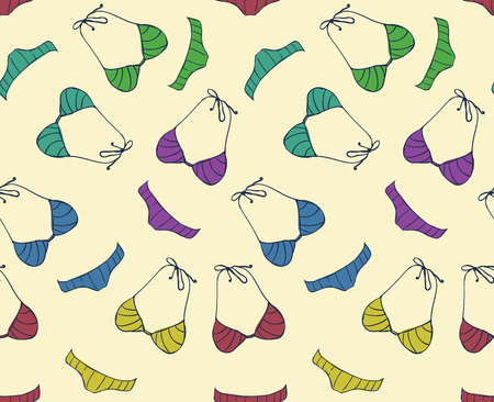 Seamless beauty pattern of multicolored azure turquoise green blue pink purple yellow cute bikini  for brochure, paper, wallpaper, fabric, wrap, banner, background Vector illustrationのイラスト素材