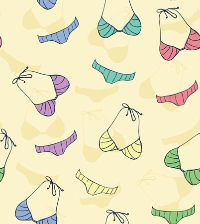 Seamless beauty pattern of multicolored azure turquoise green blue pink purple yellow cute bikini  for brochure, paper, wallpaper, fabric, wrap, banner, background Vector illustrationのイラスト素材