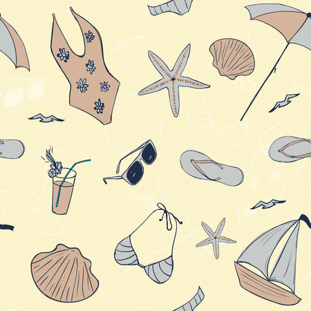 Seamless pattern of multicolored turquoise  green blue pink purple yellow cute Sandals, bikini, sunglasses  for brochure, paper, wallpaper, fabric, wrap, banner, background Vector illustrationのイラスト素材