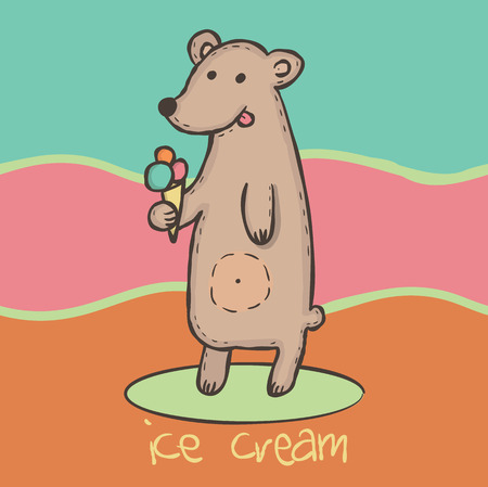Wild animal brown bear with pink orange and blue ice cream Vector  illustrationのイラスト素材