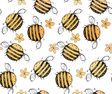 Seamless pattern of beautiful, creative and nice bright  yellow, orange bee with flowers for scrapbook, card on a white background Vector illustrationのイラスト素材