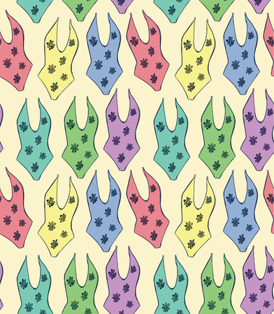 Seamless beauty pattern of multicolored azure turquoise green blue pink purple yellow cute swimsui  for brochure, paper, wallpaper, fabric, wrap, banner, background Vector illustrationのイラスト素材
