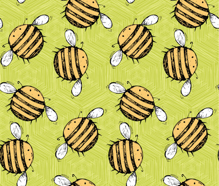 Seamless pattern of beautiful, creative and nice bright yellow, orange bee with honeycomb, for scrapbook, card on a green background Vector illustrationのイラスト素材