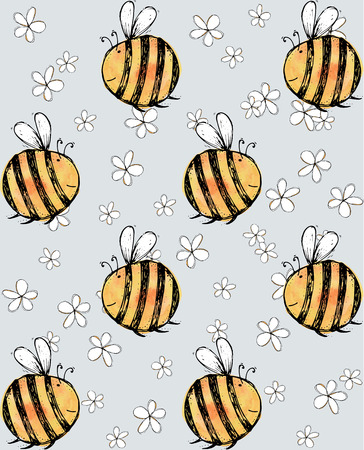 Seamless pattern of beautiful, creative and nice watercolor bright  yellow, orange bee with flowers for scrapbook, card on a gray background Vector illustrationのイラスト素材